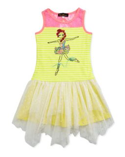 Ballerina Print Combo Drop Waist Dress, Pink/Yellow, Sizes 4 6X