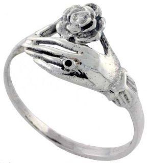 Sterling Silver Hand Holding Flower Ring 7/16 inch wide, sizes 6   10 Jewelry
