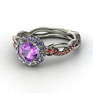 Lucinda Ring Round Amethyst Platinum Ring with Iolite & Red Garnet Jewelry Products Jewelry
