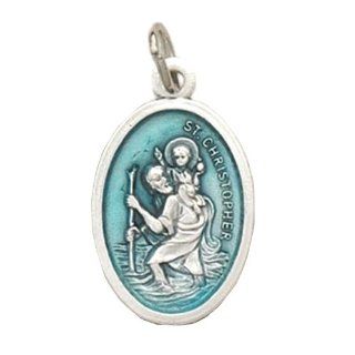 St. Christopher Medals Enamel Aqua Italian Silver Oxidized Medals Pendant Necklaces Jewelry