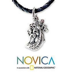 Sterling Silver Men's 'Lucky Dragon Fish' Leather Necklace (Indonesia) Novica Necklaces