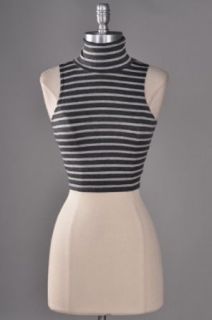 G2 Chic Striped Cropped Turtleneck Top(TOP CAS, GRY S) Fashion T Shirts
