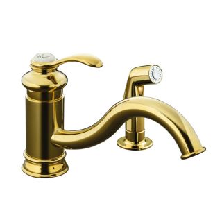 KOHLER Fairfax Vibrant Polished Brass Low Arc Kitchen Faucet with Side Spray