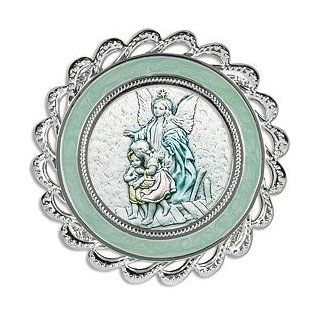 Guardian Angel with Children Walking Over Bridge Blue Crib Medal Sterling Silver Religious Artwork. Sterling Silver/silver Plate/enamel    3" Dia    Series 10b Crib Medal. Adorable for a Baby's Room, These Crib Medal Frames From Italy Are Perfect 