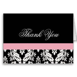 Black and White Damask Elegant Thank You Pink Cards