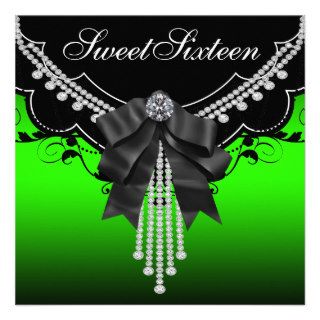 Lime Green Black Sweet Sixteen Party Invitations