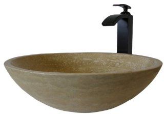 Novatto NSFC BT434ORB Beige Travertine Stone Vessel with Oil Rubbed Bronze Faucet and Strainer Drain   Vessel Sinks  