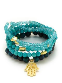 Set Of 5 Gold Hamsa & Turquoise Multi Beaded Stretch Bracelets by Good Charma