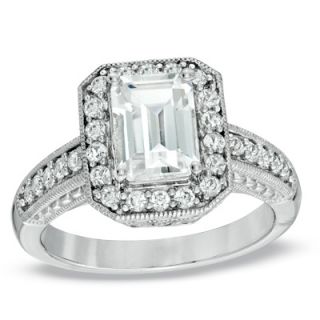 Emerald Cut Lab Created White Sapphire Milgrain Frame Ring in Sterling