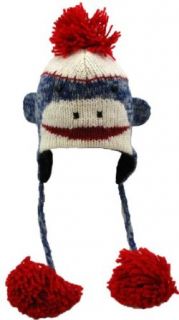 Delux Cute Sock Monkey Blue Face Wool Pilot Animal Cap/Hat with Ear Flaps and Poms Clothing