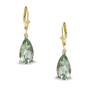 Pear Shaped Green Quartz and Diamond Accent Drop Earrings in 10K Gold