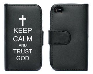 Black Apple iPhone 5 5S 5LP659 Leather Wallet Case Cover Keep Calm and Trust God Cross Cell Phones & Accessories