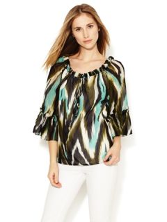 Silk Print Keyhole Ruffle Blouse by Milly