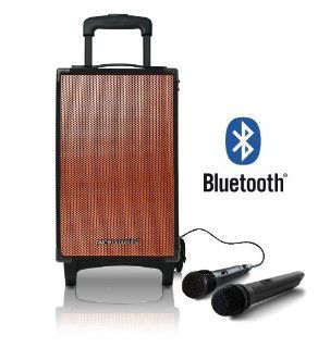 Pure Acoustics MCP 100 Extreme Portable Bluetooth Party Karaoke Machine Sound System with Telescoping Handle & Wheels   Includes Wireless Mic   Orange Grille Electronics