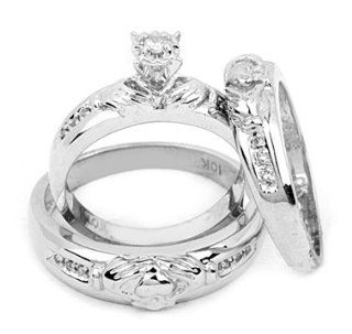 Men's Ladies 10K White Gold .24CT Round Cut Diamond Wedding Engagement Bridal Trio Ring Set Jewelry