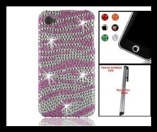 For iPhone 4G 4S Diamond Rhinestone Hard Shell Cover Case Zebra Pink/ Silver Stripes Design + One Package  6pcs Home Button Stickers + One FREE Silver Stylus Touch Screen Pen Cell Phones & Accessories