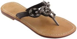 Skemo Cadena Women's Flat Leather Beaded Thong Sandals (6, Black) Shoes