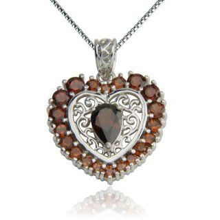 Sterling Silver Garnet Heart Shaped Pendant Necklace , 18" Jewelry