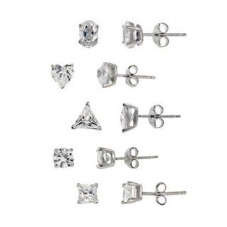 Sterling silver 5 Pair Solitaire Stud Earrings Set Jewelry