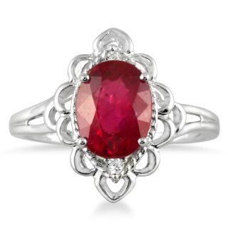 2.50 Carat Oval Ruby and Diamond Engraved Ring in 10K White Gold SZUL Jewelry