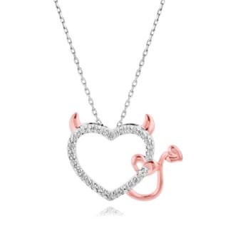 Diamond Accent Devil Heart Pendant in Sterling Silver and 18K Rose