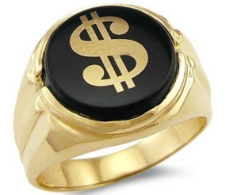 New Solid 14k Yellow Gold Mens Onyx Dollar Sign Ring Jewelry