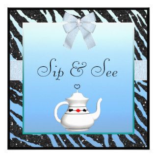 Sip & See Zebra Print Blue & Black Baby Shower Personalized Invitations