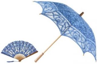The 1 For U Women's Vintage Battenburg Lace Parasol And Fan Set 5 Colors (Blue) Clothing