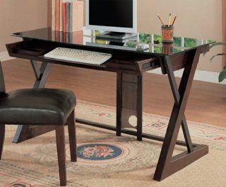 X leg Desk with Wood and Metal in Espresso Finish Black Tamper Glass Top By H.P.P   Home Office Desks