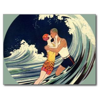 Vintage Art Deco Love Romantic Kiss Beach Wave Postcard