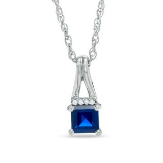 Square Lab Created Sapphire Birthstone Pendant in Sterling Silver with