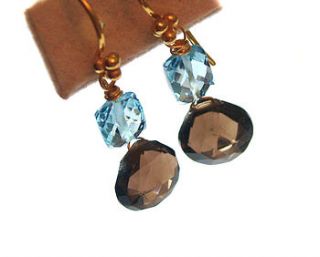 smoky quartz swiss blue topaz earrings by prisha jewels