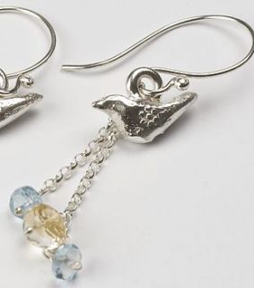 silver bird earrings with gems by cathy newell price jewellery