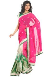 Cerise Pink and Jade Green Viscose Embroidered Saree Clothing