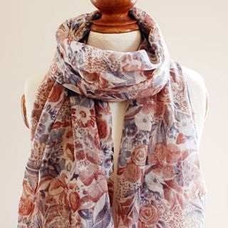 flower print pure wool scarf blue brown by highland angel