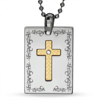 Mens Cross Dog Tag Pendant in Stainless Steel with 18K Gold Inlay and