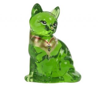 FentonArt Glass Handpainted Jolly Green Christmas Cat —