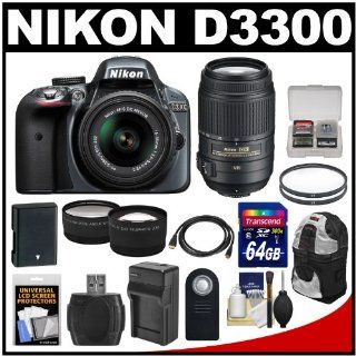 Nikon D3300 Digital SLR Camera & 18 55mm G VR DX II AF S Zoom Lens (Grey) with 55 300mm VR Lens + 64GB Card + Backpack + Battery & Charger + Tele/Wide Lens Kit  Camera & Photo