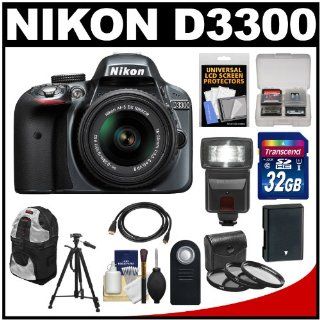 Nikon D3300 Digital SLR Camera & 18 55mm G VR DX II AF S Zoom Lens (Grey) with 32GB Card + Battery + Backpack + 3 Filters + Flash + Tripod + Kit  Camera & Photo