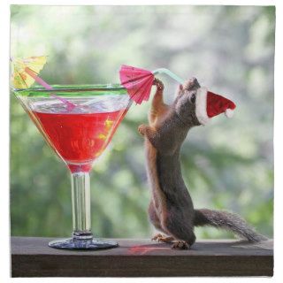 Christmas Squirrel Drinking a Cocktail Cloth Napkins