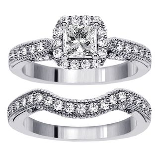 14k White Gold 2 1/3ct TDW Clarity Enhanced Diamond Halo Bridal Ring Set (F G, SI1 SI2) Bridal Sets