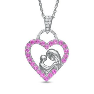 Lab Created Pink and White Sapphire Motherly Love Heart Pendant in