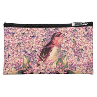 Vintage Girly Pink Yellow Flowers And Cute Bird Makeup Bag