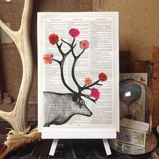stag deer and roses antique dictionary print by roo abrook