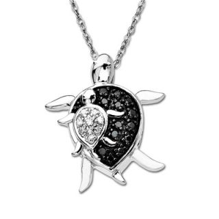 Enhanced Black and White Diamond Mother Turtle and Baby Turtle Pendant