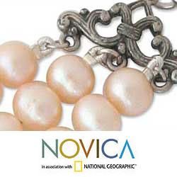 Sterling Silver 'Triple Halo' Pearl Necklace (8 mm) (Thailand) Novica Necklaces