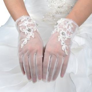 Topwedding 9" Wrist Length Embroidered Voile Wedding Gloves with Pearls, Ivory Clothing