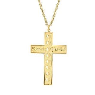 Personalized Couples Cross Pendant with Hearts in 10K Gold (2 Names