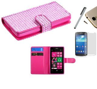 For Nokia Lumia 521 (At&t) PU Leather Flip Cover Folio Book Style Pouch Card Slot Myjacket Wallet Case + [WORLD ACC] TM Brand LCD Screen Protector + Silver Stylus Pen + Black Dust Cap Free Gift (Pink Diamond Studded Bling) Cell Phones & Accessorie