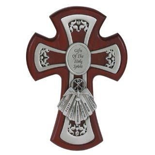 6" PEWTER & CHERRY STAINED WALL CROSS GIFTS OF THE SPIRIT CONFIRMATION DOVE RCIA  Wall Sculptures  